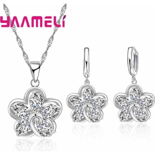 Elegance Flower Pendant Necklace Earrings Jewelry Gift Set 925 Sterling Silver Cubic Zircon Stone Jewellery for Women