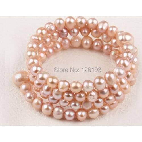 Nice 3 Strand Pink Freshwater Pearl Wrap Bangle Bracelet