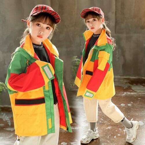 Girl stitching hooded jacket Girl windproof stitching jacket Girl autumn loose hooded jacket Girl stitching sports jacket