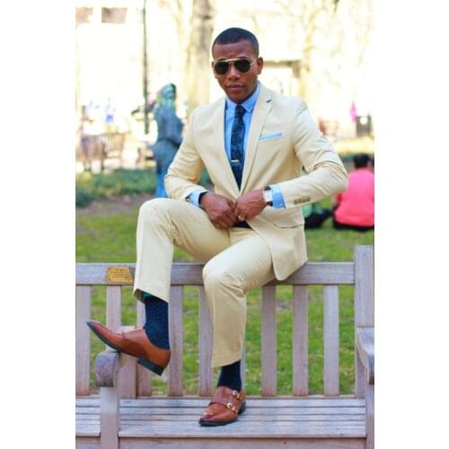 Custom Made Beige Casual Syule Summer Beach Men Suits 2 Pieces Wedding Prom Grooman Mens Suits Tuxedo Jacket+Pant