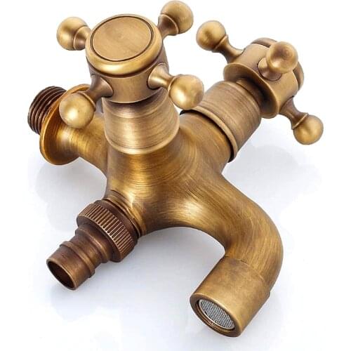 M89B Antique Brass Cross Handle Wall Mounted Tap Double Connection Double Handles Single Cold Simple Installation Garden