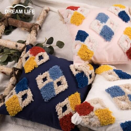 Boho Morocco Throw Pillow Case Colorful Rhombus Tufted Tassels Cushion Cover 45x45cm Home Decor Pillowcases Livingroom Bedroom