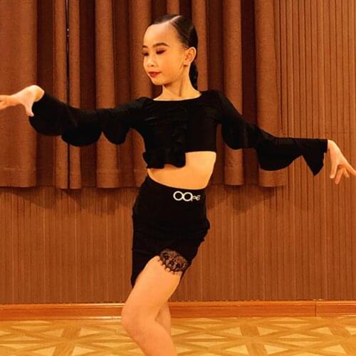 Latin Dance Clothes Kids Practice Wear Girls Ruffle Tops Lace Latin Skirts Cha Cha Dancing Costume Samba Rumba Black Suit BL5609