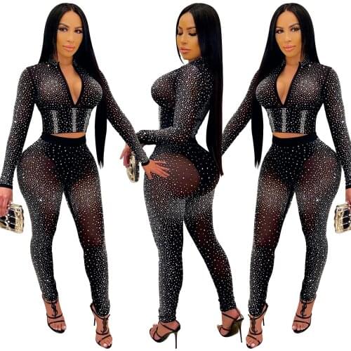 S-2xl Fall Clothes For Women Night Club Wear Hot Drill Black 2 Pieces Sets Womens Outfis Sexy V Neck Wholesale Dropshipping