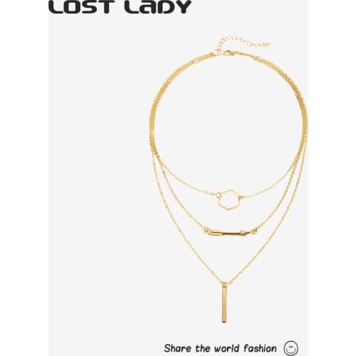 Lost Lady Vintage Three Layers Womens Necklaces Gold Color Chain Charm Pendant Necklaces For Women Bohemia Fashion Jewelry