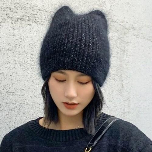 Women Winter Rabbit Fur Ear Beanie Hats Girls Stylish Gorros Cap Ladies New winter Warm Wool Thick Knitted Skullies Hat Cap