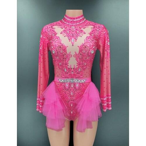 Sparkling Rhinestone Party Bodysuit Women Stretch Mesh Ruffles Crystal Bodysuits Nightclub Dance Leotard Stage Performance Wear