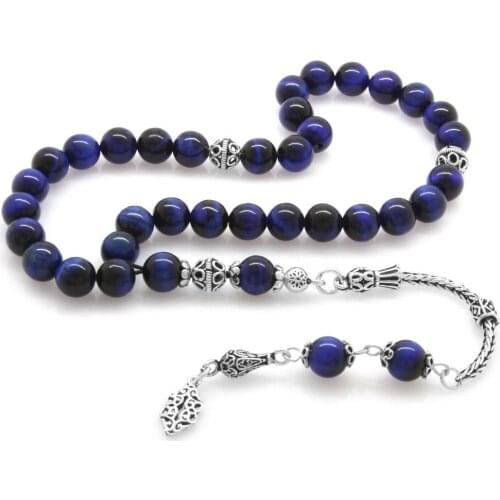 Tesbihane 925 Sterling Silver Tassels Sphere Cut Blue Tiger 'S Eye Natural Stone Rosary