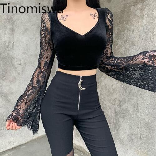 Tinomiswa V Neck Long Sleeve T Shirt Women 2021 New Chic Cropped Tops Lace Patchwork Slim Fit Sexy Tshirts Female Camisetas