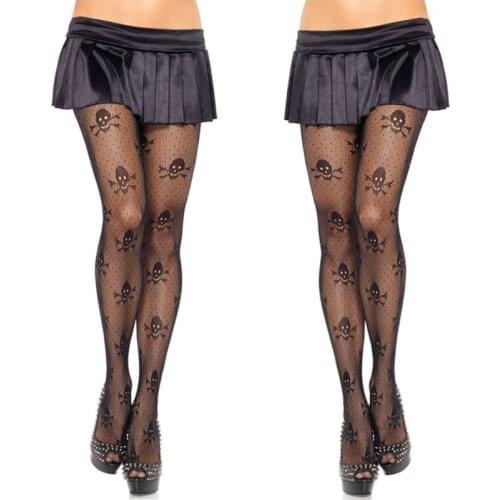 Women Sexy Hollow Sheer Fishnet Pantyhose Halloween Costume Skeleton Skull Jacquard Tights Gothic Punk Black Stockings Lingerie