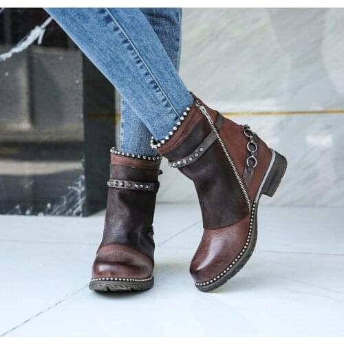 2020 Hot Sale Handmade European Sheepskin Women Boots Large Size 34-42 Buckle Low Heel Womens Boots Casual Retro Ladies Shoes