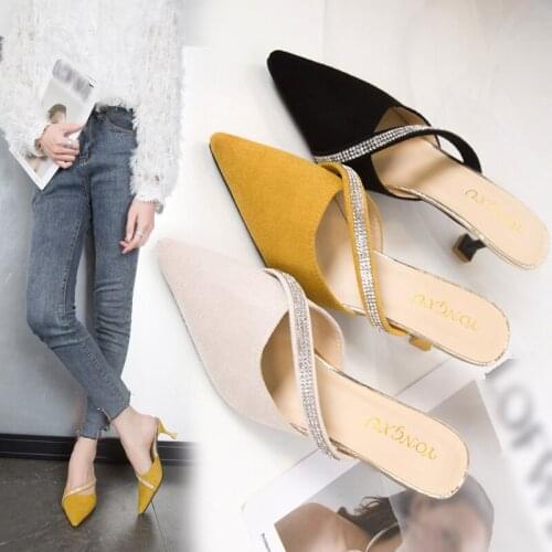 Womens High Heels, Pointed Mules with Shiny Rhinestone Straps, Korean Style Fashionable Suede Stilettos Half Shoes