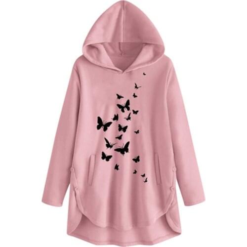 Ladies Hoodies 2021 New Women Sweatshirts Butterfly Print Tunic Hooded Tops Long Sleeve Loose Pullovers Hoodie Streetwear