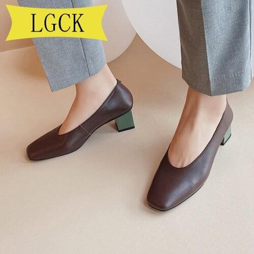 Plus Size 34-40 Women Pumps shoes cow leather Genuine Leather Thick High Heel Glove Shoes Real Leather Square Toe Office Shoes