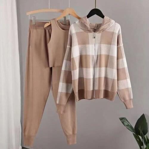 Plaid Knitted 3 Piece Set Women Crop Tops+ long sleeve Knitted Hooded Cardigan+Harem Pants Outfits Casual Loose 2021 Tracksuit