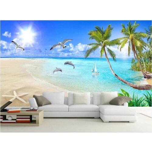 Custom photo 3d wallpaper Beautiful beach dolphin coconut landscape room home decor 3d wall murals wallpaper for walls 3 d