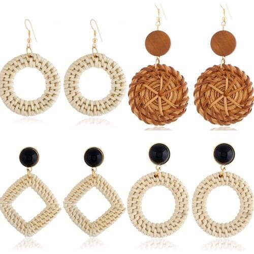 Bohemia Handmade Geometric Rattan Straw Weave Knit Vine Drop Earrings For Women Korea Earring Party Jewelry