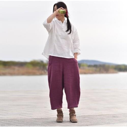 Women Summer Ramie Elastic Waist Pants Ladies Loose Solid Color Vintage Pants Female Loose Ramie trousers 2020