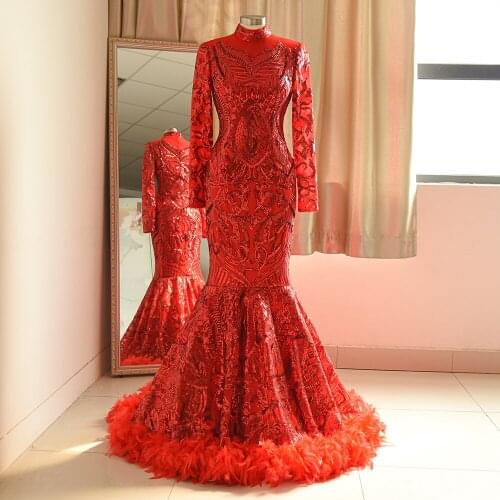 Elegant Mermaid Sequins Evening Dresses 2021 Luxury High Neck Feather Train Evening Party Dresses Vestido De Festa