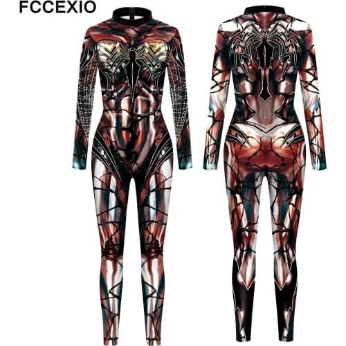 FCCEXIO Punk Style The Wonder Magic Heroes Pattern 3D Print Sexy Bodysuits Cosplay Costume Jumpsuit Adults Onesie Skinny Outfits