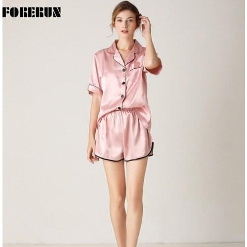 FORERUN Imitated Silk Pajamas for Women Turn-down Collar Short Sleeve Shirts and Shorts Set Satin Sleepwear