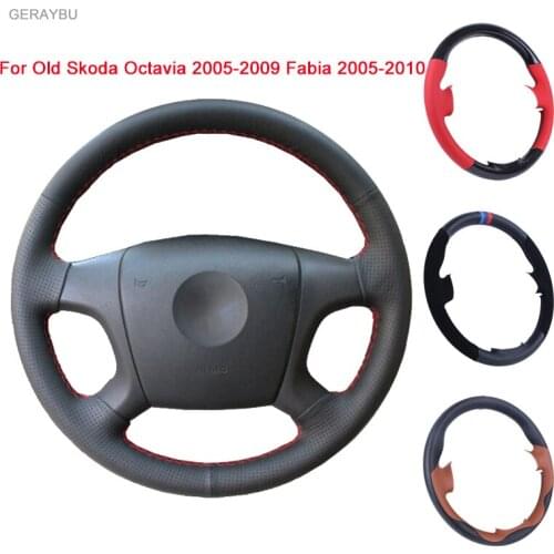 GERAYBU Custom DIY Black Artificial Leather Hand-sewn Car Steering Wheel Cover For Old Skoda Octavia 2005-2009 Fabia 2005-2010