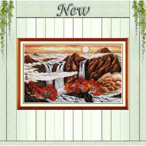 Sunrise in Autumn mountain river painting Counted print on fabric DMC 14CT 11CT DIY Embroidery Sets Cross Stitch Needlework kits