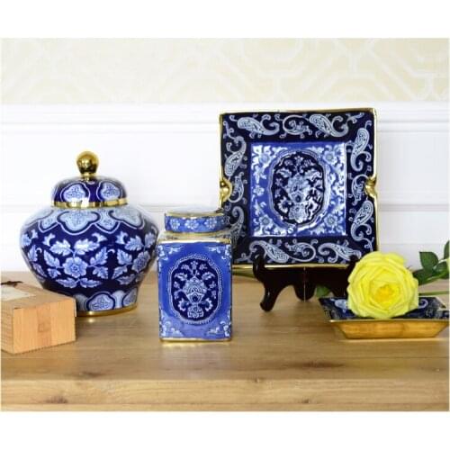 Hand-painted Blue and White Ceramic Cans Living Room Home Jewelry Description Gold Belt Covered Storage Tank Arrangements Crafts