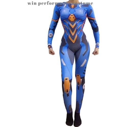 Blue Anime Robot Spandex Printed Skinny Jumpsuit Dance Team Women Cosplay Show Bodysuit Outfit Female Singer Stage Wear
