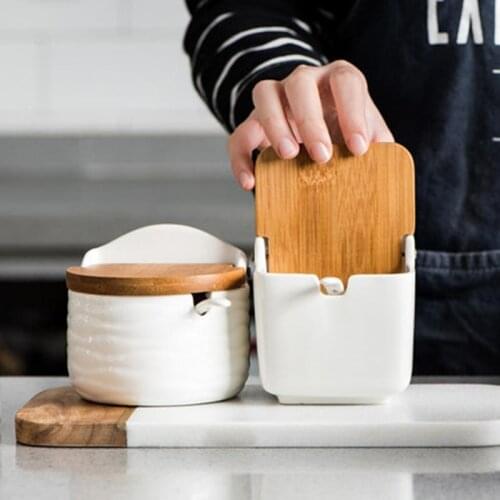 Kitchen storage tools Ceramic condiment storage jar Household seasoning jar Spice jar box Salt sugar jar
