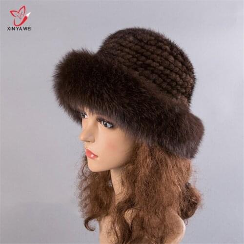 Hot Sale 2019 Korean Solid Real Mink Fox Fur Hat Knited Hat Women Autumn Winter Hat Newsboy Cap Warm Fashion Brown Casual Cap