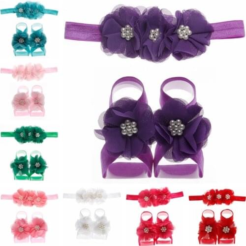Cute 3pcs/set Chiffon Flower Barefoot Sandals with Infant Floral Headbands Sets Kids Summer Shoes Newborn Photography Props