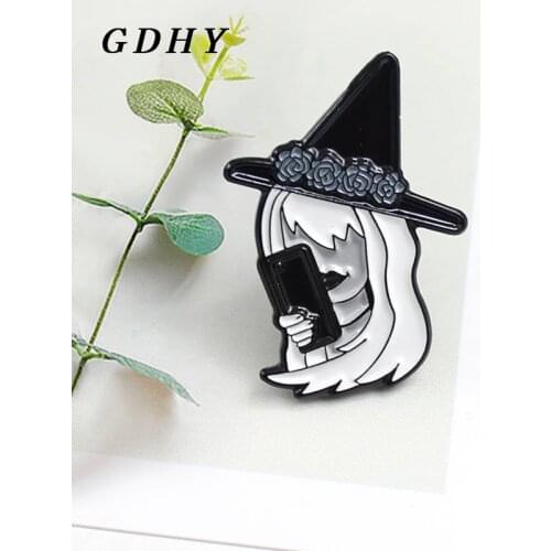 GDHY Fashion Black Hat Witch Brooch Flower Crown Black Wizard Hat Witch Mobile Enamel Pins Brooch Kids T-shirt Backpack Jewelry