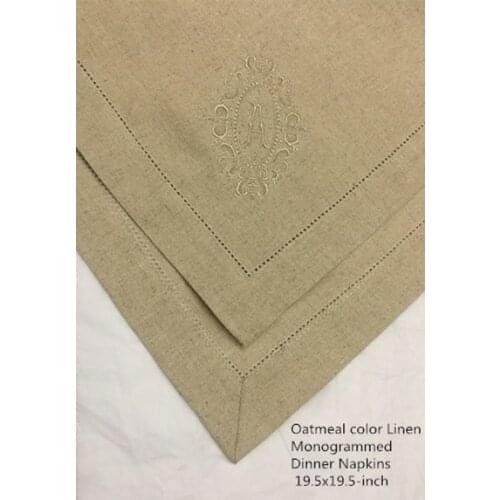 Set of 12 Fshion Monogrammed Dinner Napkins Hemstitch Oatmeal Linen Table Napkins 20"x20" Ladder Embroidery Initial Tea Napkins