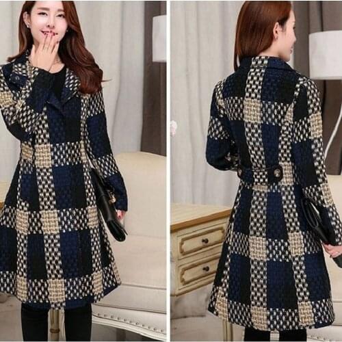 2021 New Autumn Winter Jacket Womens Plaid Woolen Coat New Korean Stand Collar Slim Plus Size Wool Basic Coat Female Outerwear