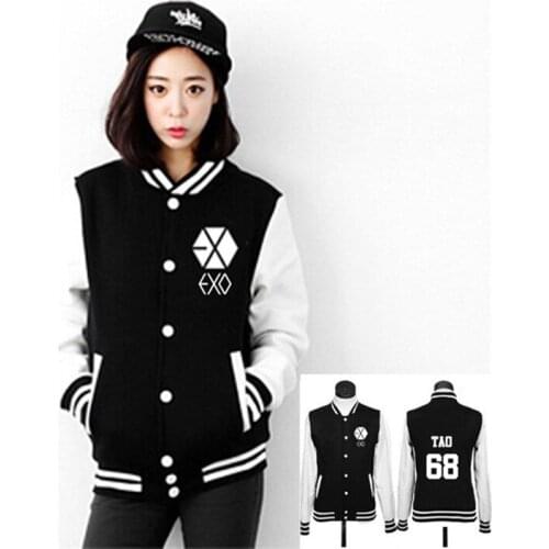 EXO Autumn collar cutton Casual student Hoodies coat women long sleeve baseball uniform Sweatshirts neutral Black numeral jacket