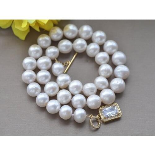 Z10553 18"~34" 13mm White Round Freshwater Pearl Necklace CZ
