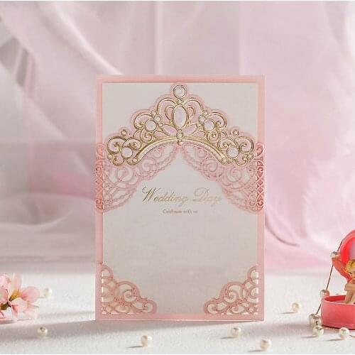 QuevinalRoyal Pink Laser Cut Wedding Invitations Cards With Gold Embossed Hollow Flora Design for Bridal Shower Free Customized