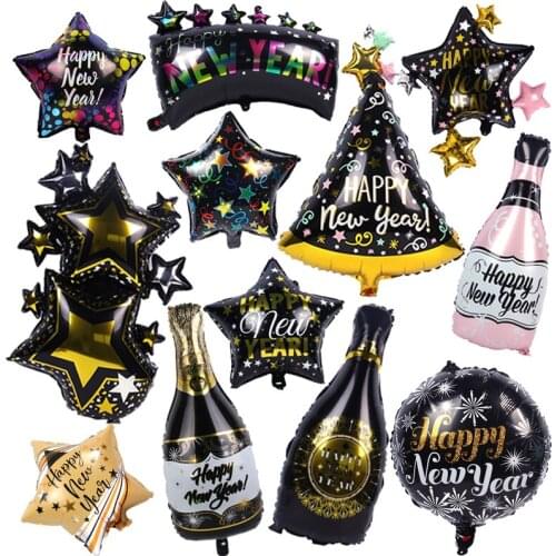 Happy New Year Foil Balloons Gold Black Star Bottle Xmas Tree Balloon Air Globos 2022 New Years Eve Party Decorations Supplies