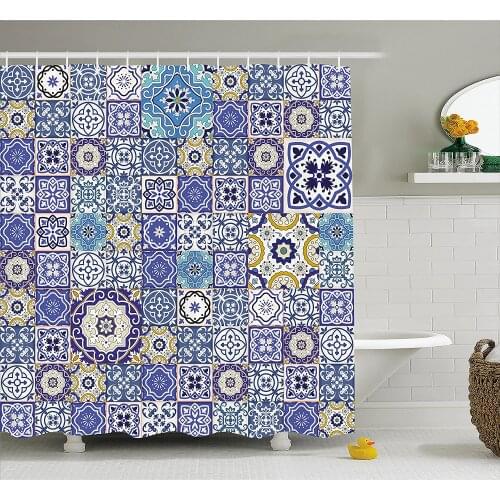 Blue Shower Curtain Rich Collection of Ancient Moroccan Tiles Patchwork Style Oriental Arabesque Waterproof Bath Curtains