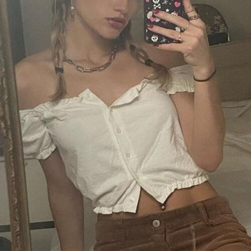 Ladies Off Shoulder Blouses Solid Summer Women Short T-shirts High Street Buttons Ruffles Short Puff Sleeve Tee Crop Tops