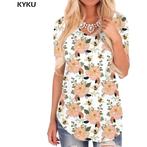 KYKU Bee T-shirt women Flower T-shirts 3d Animal V-neck Tshirt Harajuku Shirt Print Womens Clothing Hip hop Casual Tops Style