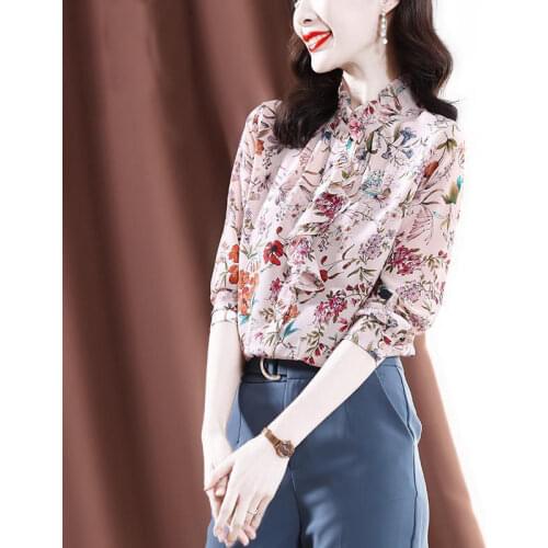 2021 spring and autumn clothing new fashion western style shirt women design sense printed chiffon shirt top women