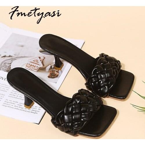 2021 Womens Sandals Weave Square Toe High-heeled Shoes Sewing Modern Sandals Thin Heels Summer Female Shoes Comfortable