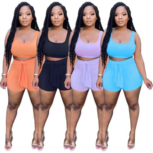Womens Sweatsuit Two Piece Matching Set Scoop Neck Sleeveless Tank Top and Tied Front Workout Short Casual Loungewear Suits