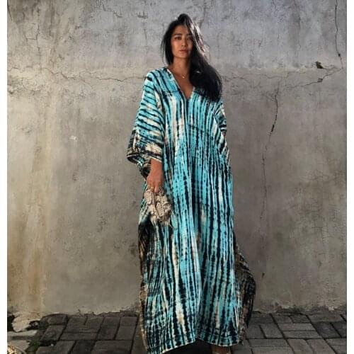 2021 Bohemian Striped Print Women Beach Dress Bathing Suit Cover Up Summer Tunic For Woman Beachwear Floral Robe Vestidos