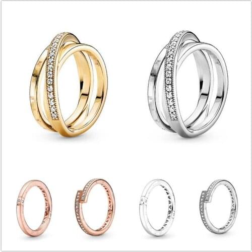 Authentic 925 Sterling Silver Crossover Pave Triple Band Pan Ring For Women Wedding Party Europe Fashion Jewelry