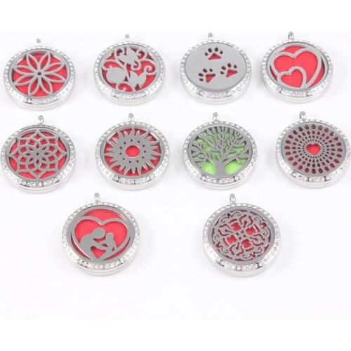 10pcs Stainless Steel Perfume Aromatherapy essential oil Diffuser Locket pendant With Rhinestone(Free Felt Pads and chains)