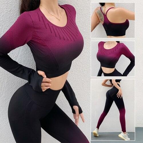 Ombre Yoga Set Seamless Suit Women Fitness outfit Workout Long Sleeve Top Leggings Set Gym Clothing Sportswear Sports Suits