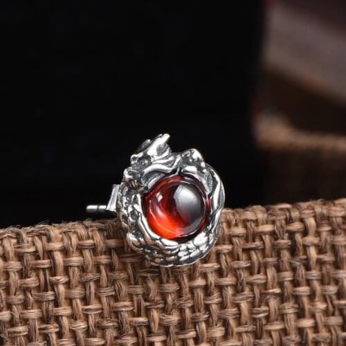 Personality Silver Color Dragon Red Garnet Stud Earrings for Men Women Dragon Gems Crystal Earrings Unisex Jewelry Accessories